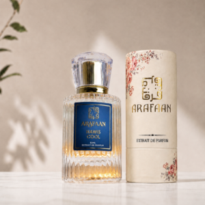 ARFAAN Hawis Cool Extrait De Parfum bottle with luxury packaging on a minimal beige background featuring elegant crystal design and premium fragrance presentation.