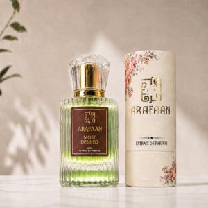 ARFAAN Most Desired Extrait De Parfum luxury perfume bottle inspired by Azzaro The Most Wanted with vanilla, woody, and ginger fragrance notes infographic.